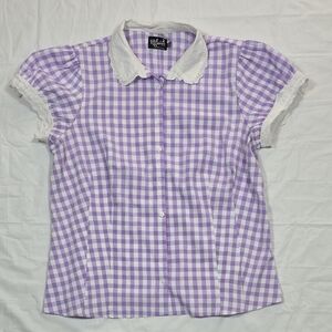 Hell Bunny Lavender and White Gingham Puff Sleeve Blouse
